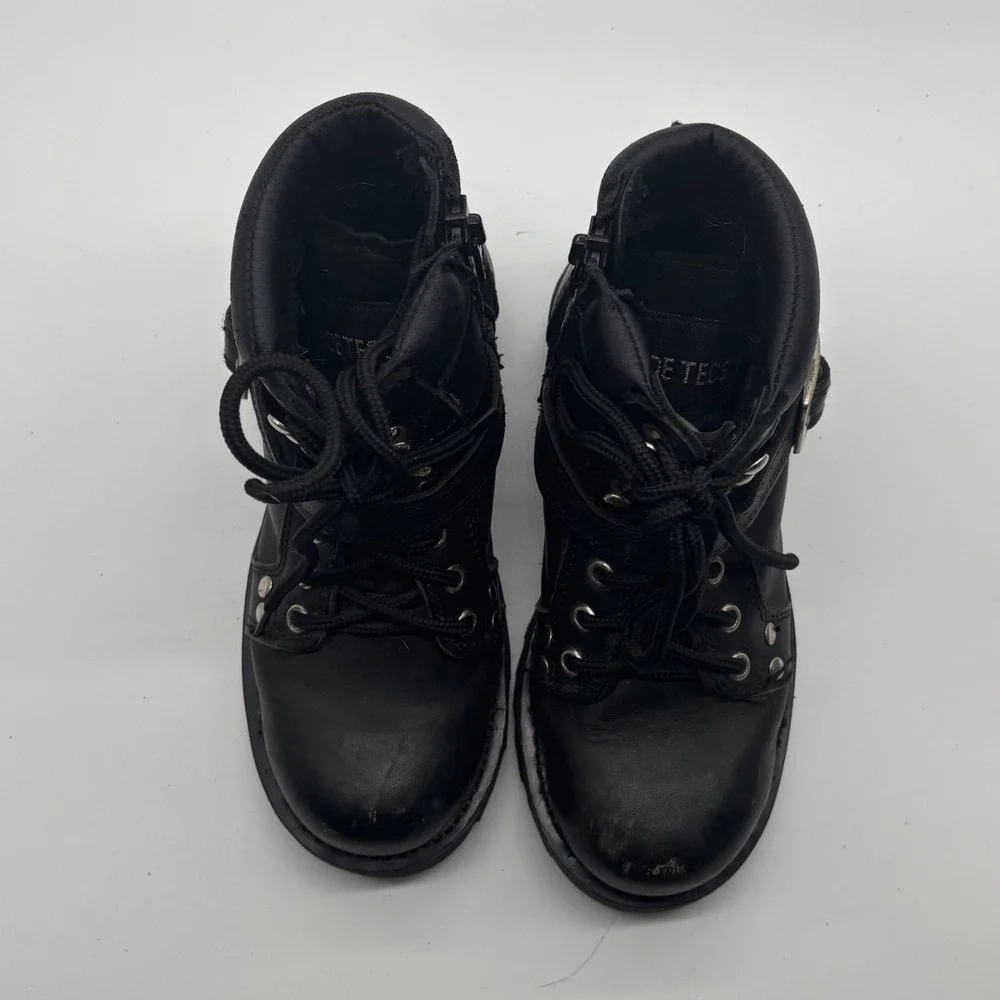 Ride Tecs Mens Black Leather Motorcycle Boots Lace Up Side Zip Lug Sole size 6